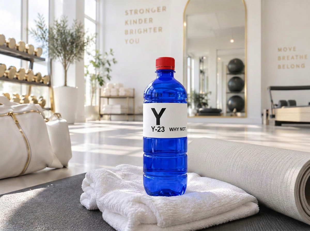 Y-23 water bottle resting on a folded towel in a bright boutique gym